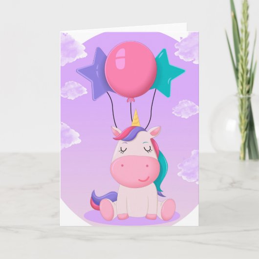 Cute Sitting Unicorn and Balloons Lilac カード (正面)