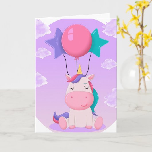 Cute Sitting Unicorn and Balloons Lilac カード (黄色い花)