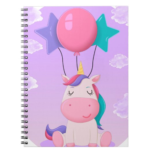 Cute Sitting Unicorn and Balloons Lilac ノートブック (正面)