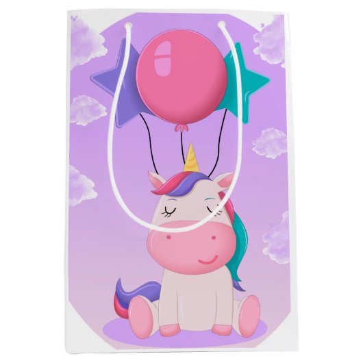 Cute Sitting Unicorn and Balloons Lilac ミディアムペーパーバッグ (正面)