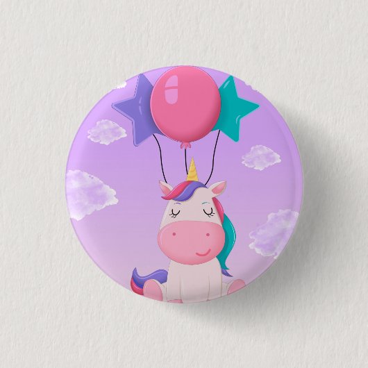 Cute Sitting Unicorn and Balloons Lilac 缶バッジ (正面)