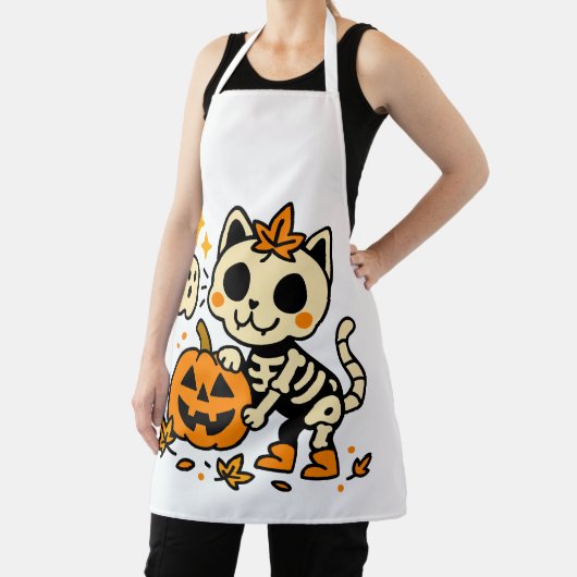 Cute Skeleton Cat All-Over Print Apron, Medium エプロン (インサイチュ)