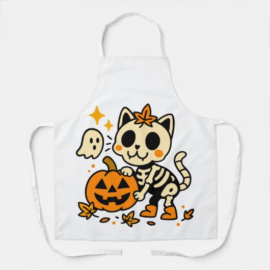 Cute Skeleton Cat All-Over Print Apron, Medium エプロン (正面)