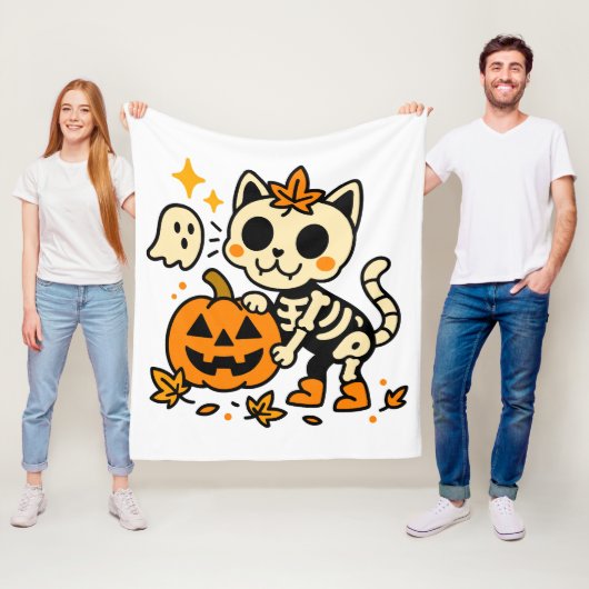 Cute Skeleton Cat with Pumpkin Fleece Blanket フリースブランケット (インサイチュ)
