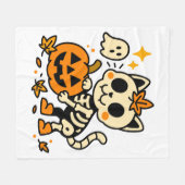 Cute Skeleton Cat with Pumpkin Fleece Blanket フリースブランケット (正面(横))