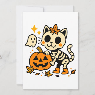 Cute Skeleton Cat with Pumpkin Invitation 招待状