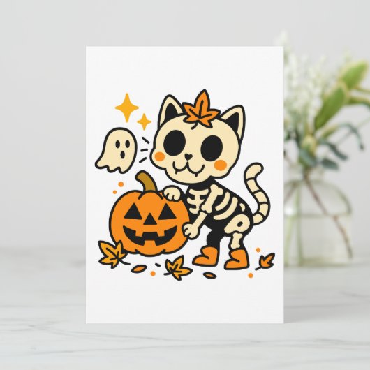 Cute Skeleton Cat with Pumpkin Invitation 招待状 (スタンド正面)
