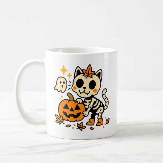 Cute Skeleton Cat with Pumpkin Mug コーヒーマグカップ (左)