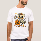 Cute Skeleton Cat with Pumpkin T-Shirt Tシャツ (正面)