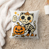 Cute Skeleton Cat with Pumpkin Throw Pillow クッション (ブランケット)