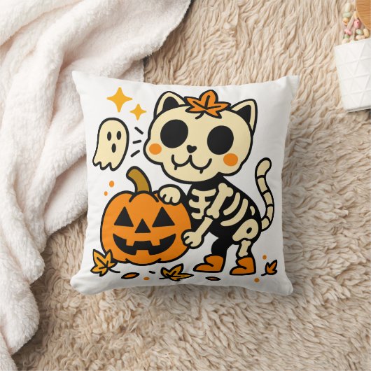 Cute Skeleton Cat with Pumpkin Throw Pillow クッション (ブランケット)