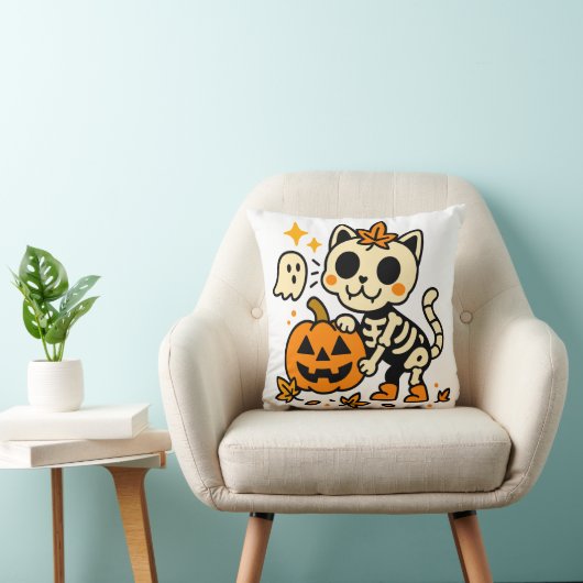 Cute Skeleton Cat with Pumpkin Throw Pillow クッション (椅子)