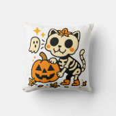 Cute Skeleton Cat with Pumpkin Throw Pillow クッション (正面)