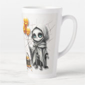 Cute Skeleton Girl with Pumpkin Balloons  カフェラテマグ (右)