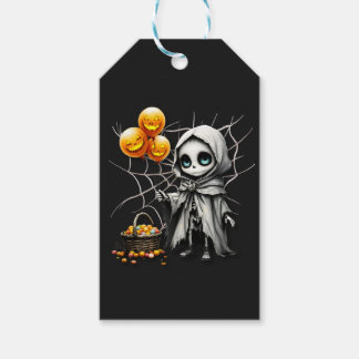 Cute Skeleton Girl with Pumpkin Balloons  ギフトタグ