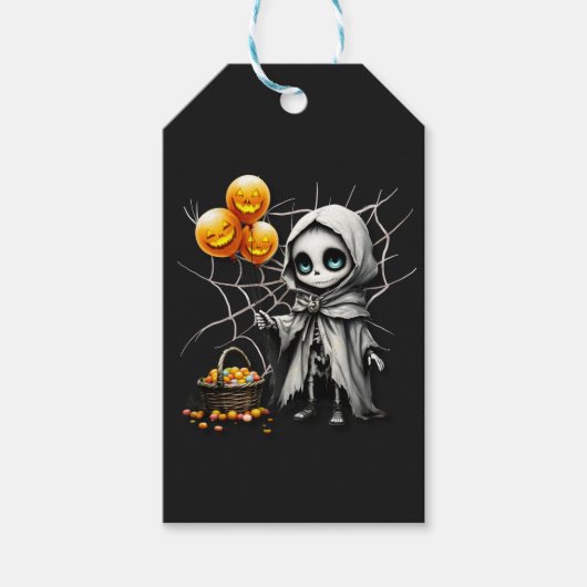 Cute Skeleton Girl with Pumpkin Balloons  ギフトタグ (正面)