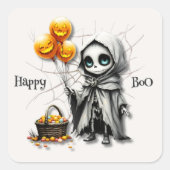 Cute Skeleton Girl with Pumpkin Balloons  スクエアシール (正面)