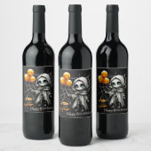 Cute Skeleton Girl with Pumpkin Balloons  ワインラベル (ボトル)