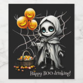 Cute Skeleton Girl with Pumpkin Balloons  ワインラベル (シングルラベル)