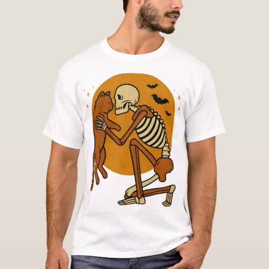 Cute Skeleton Hugging Cat Gothic Halloween Design Tシャツ (正面)