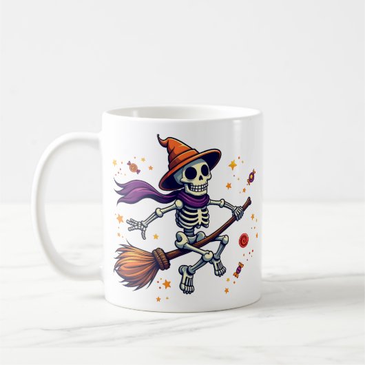 Cute Skeleton Riding Broom Halloween Mug コーヒーマグカップ (左)