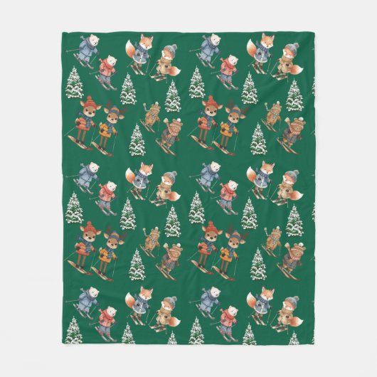 Cute Skiing Animals Fleece Blanket フリースブランケット (正面)