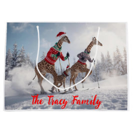 Cute Skiing Giraffe Family Christmas Personalized  ラージペーパーバッグ