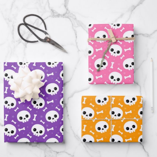 Cute Skull & Bones Halloween Patterns ラッピングペーパーシート (正面)