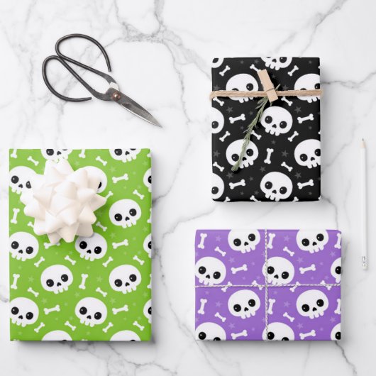 Cute Skull & Bones Halloween Patterns ラッピングペーパーシート (正面)