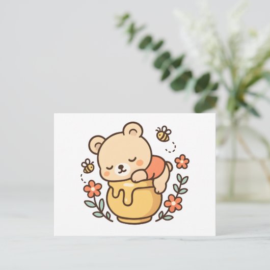 Cute Sleeping Bear Honey Pot Kawaii Design シーズンポストカード (スタンド正面)
