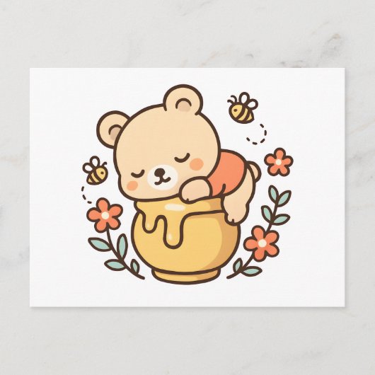 Cute Sleeping Bear Honey Pot Kawaii Design シーズンポストカード (正面)