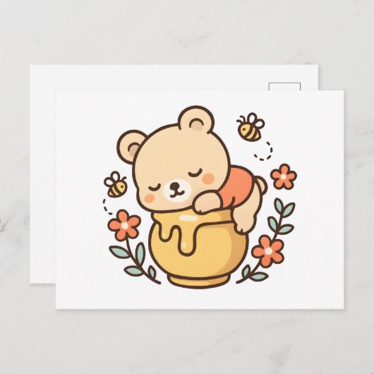 Cute Sleeping Bear Honey Pot Kawaii Design ポストカード (正面/裏面)