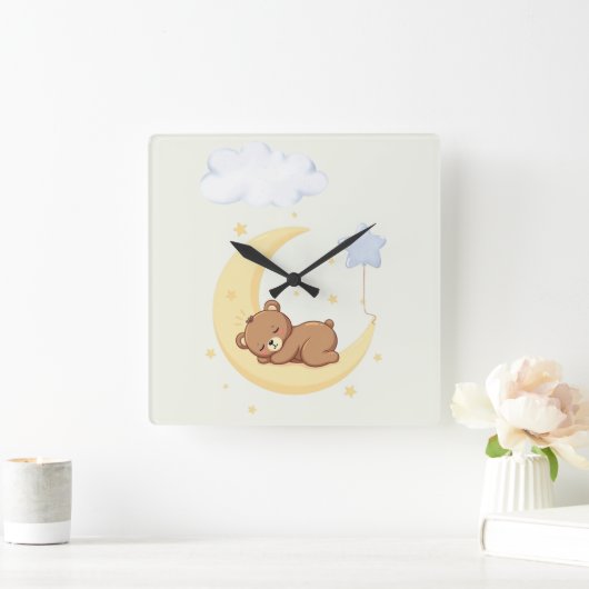 Cute  Sleeping Bear Nursery Wall Clock スクエア壁時計 (ホーム)