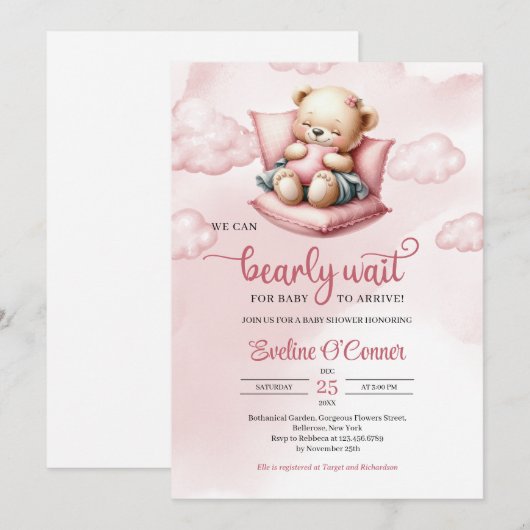 Cute sleeping bear we can bearly wait for baby 招待状 (正面/裏面)