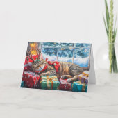 Cute Sleeping Cat On Christmas Packages シーズンカード (正面)