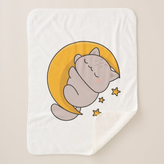 Cute Sleeping Cat on Crescent Moon シェルパブランケット (正面)
