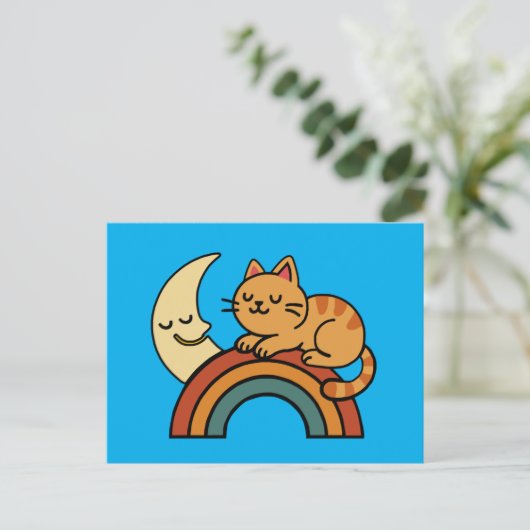 Cute Sleeping Cat on Rainbow with Moon  ポストカード (スタンド正面)