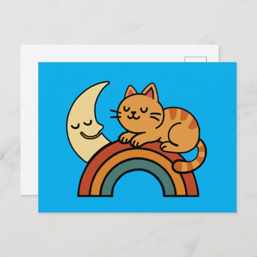 Cute Sleeping Cat on Rainbow with Moon  ポストカード (正面/裏面)