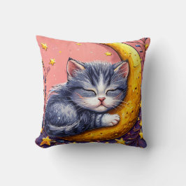 Cute sleeping cat resting on a crescent moon クッション