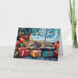 Cute Sleeping Cat Under Christmas Tree シーズンカード
