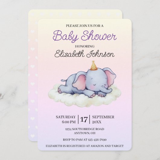 Cute Sleeping Elephant Baby Shower Invitation 招待状 (正面/裏面)