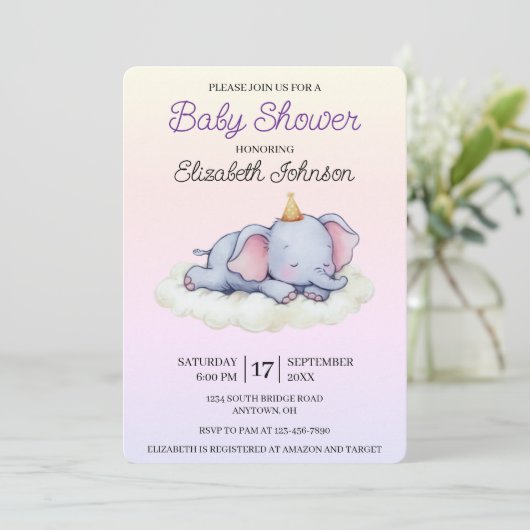 Cute Sleeping Elephant Baby Shower Invitation 招待状 (スタンド正面)