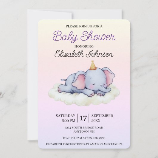 Cute Sleeping Elephant Baby Shower Invitation 招待状 (正面)