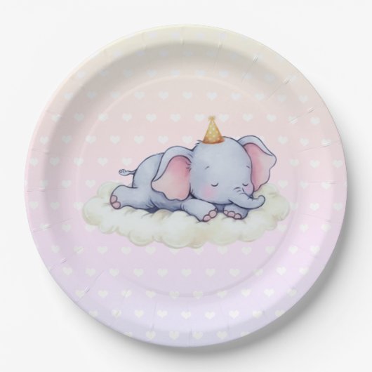 Cute Sleeping Elephant Baby Shower Paper Plates ペーパープレート (正面)