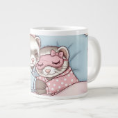 Cute Sleeping Ferret Couple in Pajamas Love Mug ジャンボコーヒーマグカップ (正面右)