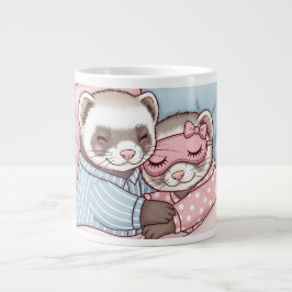 Cute Sleeping Ferret Couple in Pajamas Love Mug ジャンボコーヒーマグカップ