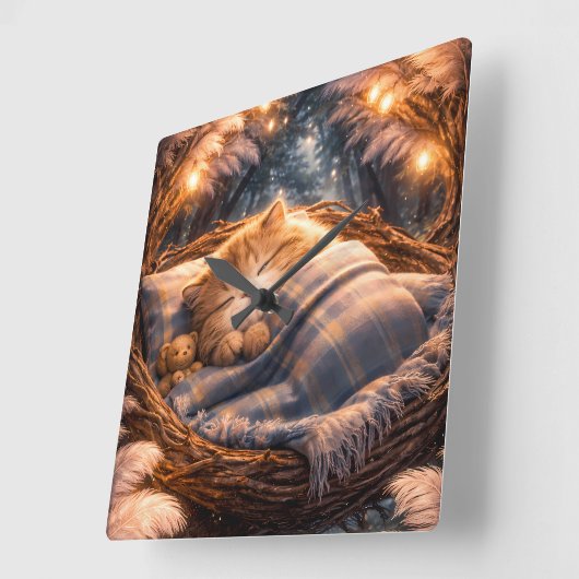 Cute Sleeping Kitten Nursery Wall Art Decor スクエア壁時計 (傾斜)