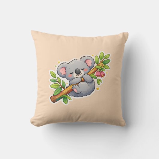 Cute Sleeping Koala on Eucalyptus Branch Kawaii  クッション (正面)