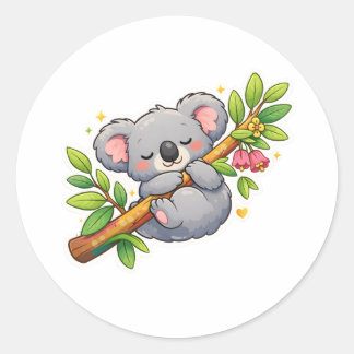 Cute Sleeping Koala on Eucalyptus Branch Kawaii  ラウンドシール
