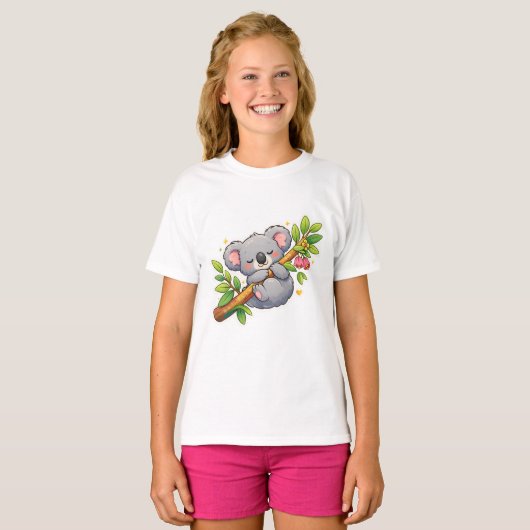 Cute Sleeping Koala on Eucalyptus Branch Kawaii  Tシャツ (正面フル)